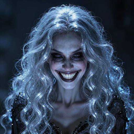 Creepy Grinning Woman with Glowing Silver Hair