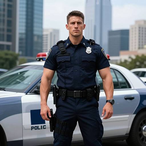 Photograph of a muscular, handsome male police officer in a navy uniform standing in front of a police car in a cityscape. Tall buildings and clear