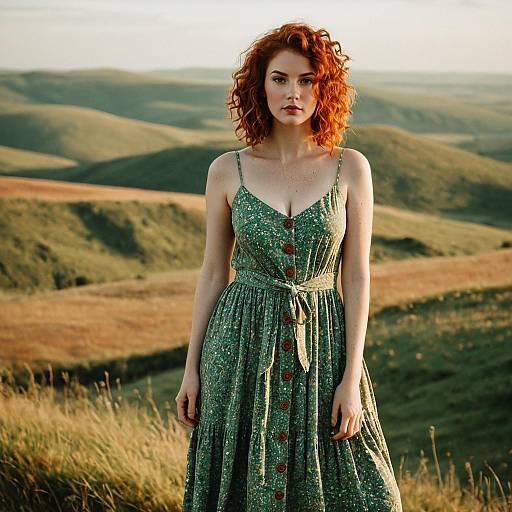 Redhead Woman in Green Sundress in Open Hills