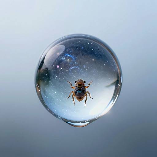 Photograph of a small beetle trapped inside a clear, spherical water droplet, set against a gradient blue and white background.