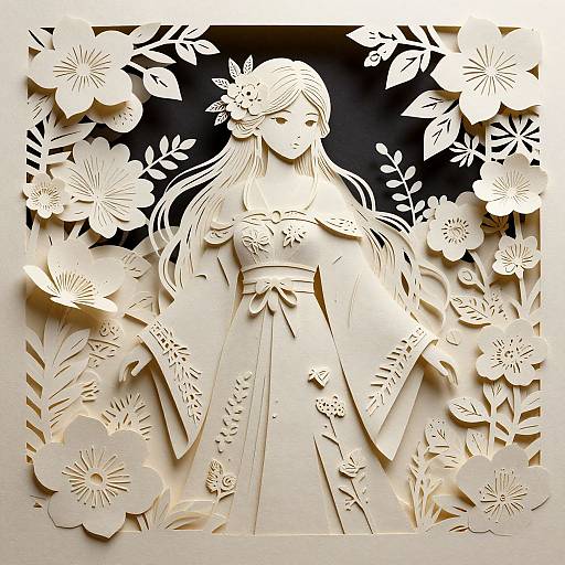 Photograph of intricate white paper cut-out featuring a serene Japanese woman in a kimono, surrounded by detailed floral patterns, against a black background.