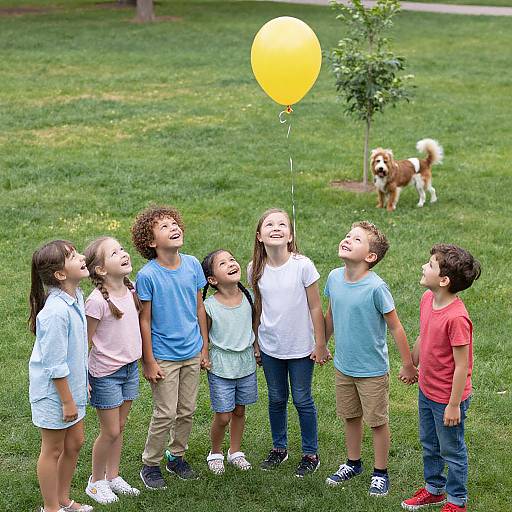 Photograph of six laughing children holding hands, gazing at a yellow balloon, with a brown dog in the grassy background.