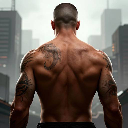 Photograph of a muscular, tattooed, bald man with a large tribal back tattoo, facing away in a foggy urban skyline.