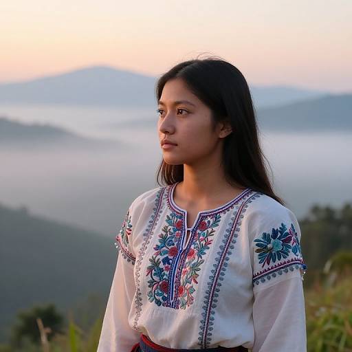 Photograph of a young woman with long dark hair, wearing a white embroidered blouse, standing in a misty mountain landscape at sunset.