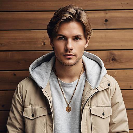 Young Man in Beige Jacket with Pendant Necklace