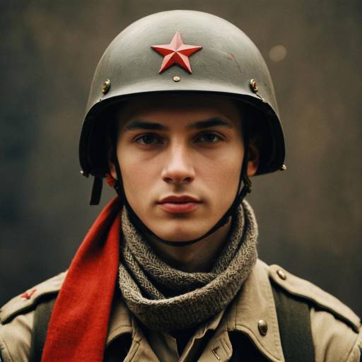 Portrait of Soldier Wearing Military Helmet with Red Star