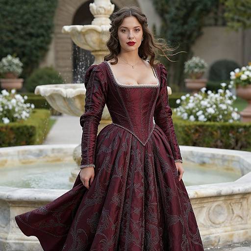 Photograph of a young woman with wavy brown hair in a dark maroon, intricately embroidered Renaissance-style gown, standing in front of a stone