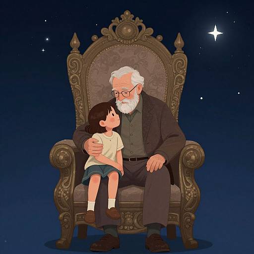 Digital illustration of an elderly man with a white beard and glasses, in a dark suit, sitting on an ornate throne, holding a young child in