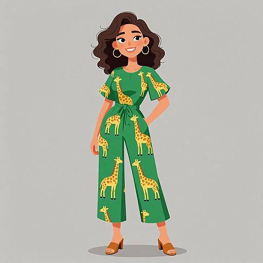 Cartoon-style illustration of a smiling woman with wavy brown hair, wearing a green jumpsuit with yellow giraffe patterns, hoop earrings, and brown