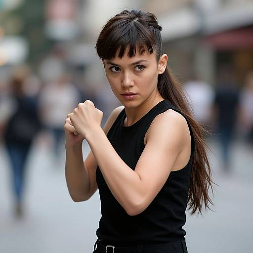 Photograph of a determined young woman with dark hair in a side ponytail, wearing a black sleeveless top, fists raised, standing on a blurred