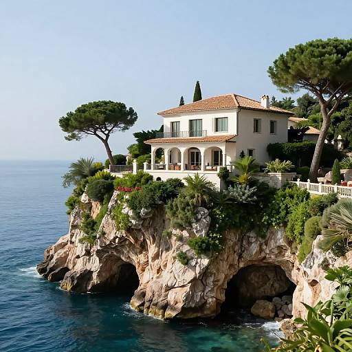 Photograph of a Mediterranean-style villa with terracotta roof, arches, and lush greenery perched on a rocky cliff overlooking the blue ocean