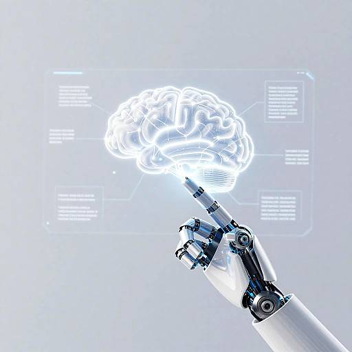 Digital illustration of a robotic hand pointing at a glowing, wireframe brain against a white, futuristic background with blue highlights.