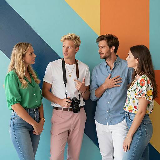 Group Conversation in Front of Colorful Geometric Mural