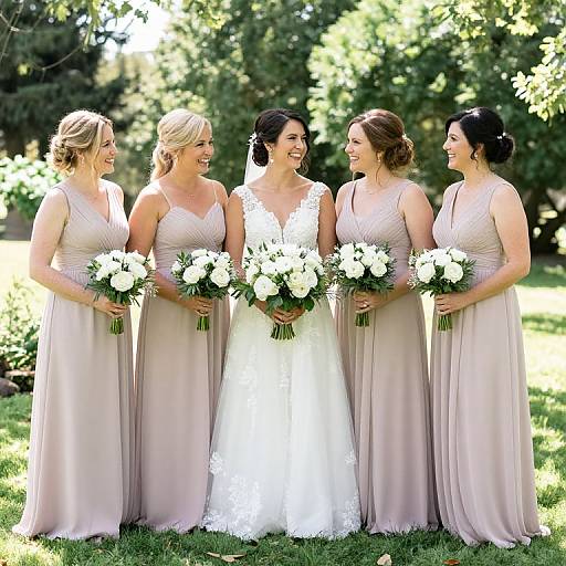 Photograph of five smiling bridesmaids in beige dresses and a laughing bride in a white lace gown holding white flower bouquets outdoors.