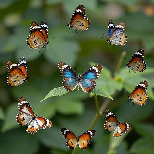Photograph of seven vibrantly colored butterflies, including one blue, surrounded by green foliage. Butterflies display orange, white, and black patterns.