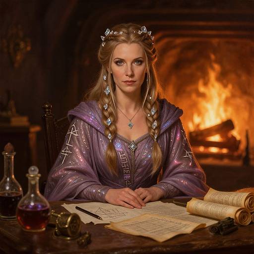 Photorealistic digital art: Blonde woman with braided hair, purple glittery robe, crown, writing in a dimly lit room by a roaring