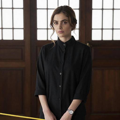 Calm Woman in Black High-Collar Blouse