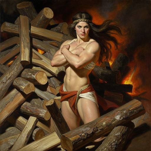 Digital art of muscular Wonder Woman with long black hair, gold headband, white top, red skirt, standing crossed-armed among wooden logs, fiery