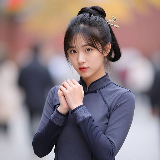 Photograph of a young Asian woman with black hair in a bun, wearing a navy blue long-sleeve top, hands clasped, standing outdoors