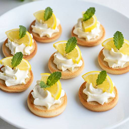 Photograph of seven mini toast rounds topped with white cream, lemon wedges, and fresh mint leaves on a white plate.