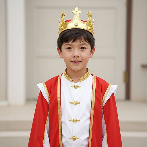 Photograph of young Asian boy with black hair wearing a gold crown, red and white royal robe, standing in front of white door.