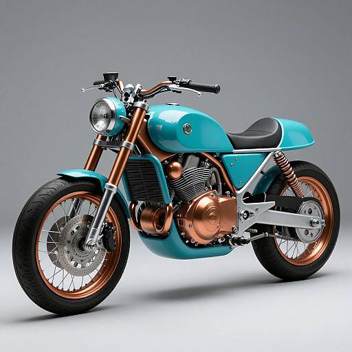 Photograph of a vintage-style, turquoise and copper custom motorcycle with black seat and tires, set against a gray gradient background.