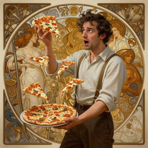 Photorealistic digital art of a surprised, curly-haired man in vintage attire, holding a pizza with floating slices, set against an Art Nouveau-style