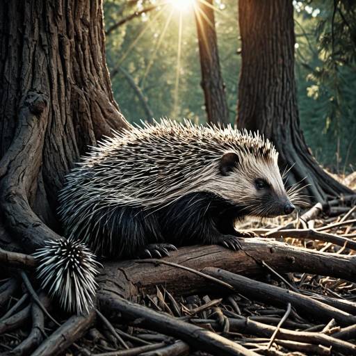 Sleepy Porcupine on Tree Roots in Morning Light