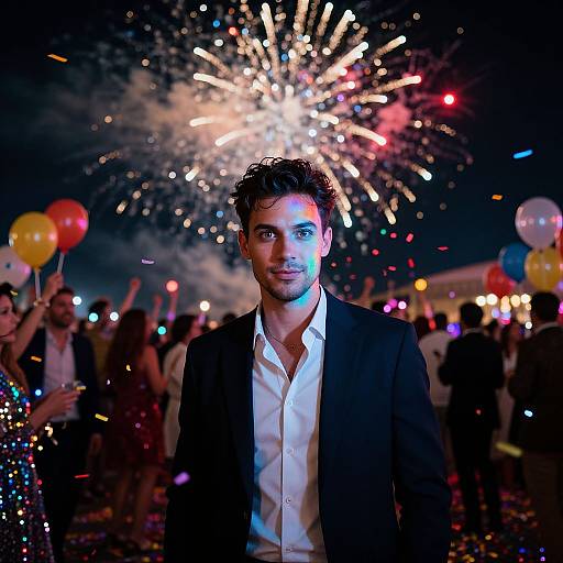 Photograph of a handsome man with short, curly black hair in a black suit and white shirt, standing in front of a vibrant fireworks display at a