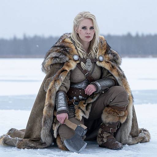 Photograph of a fierce blonde woman in a fur-trimmed Viking cloak, brown leather armor, and boots, kneeling in snowy landscape with axe in