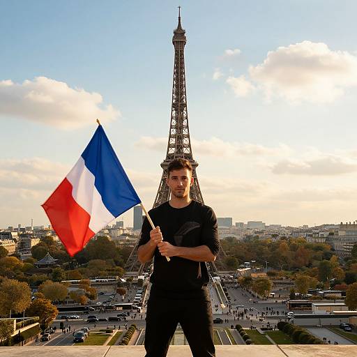 Man with French Flag at Eiffel Tower