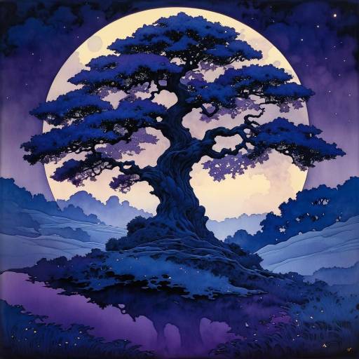 Twilight Meadow with Ancient Tree Illustration