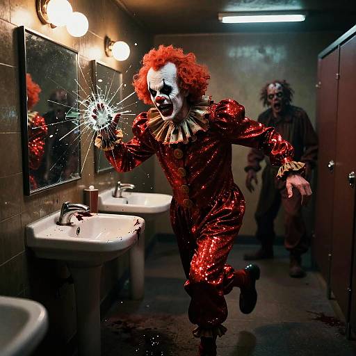 Photograph: Colorful clown with red sequin suit, white face paint, and curly red hair sparks a lightbulb in a dark, eerie