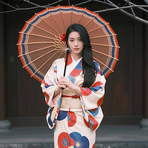 Elegant Asian Woman in Colorful Kimono