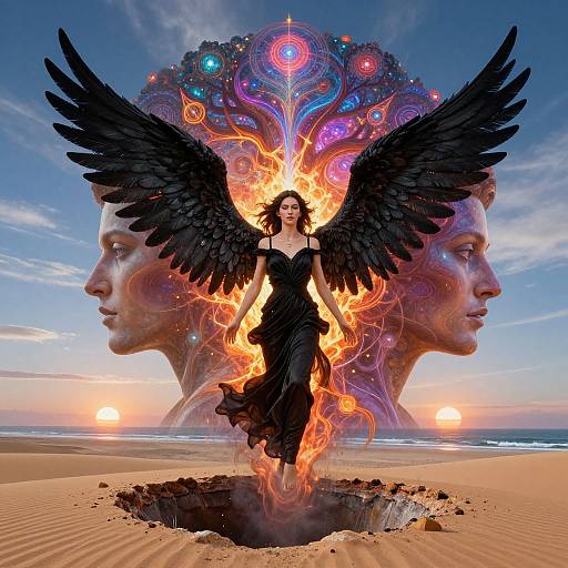 Digital artwork of a black-winged woman in a flowing dress emerging from a sand hole, with two mystical, glowing human faces and vibrant, cosmic patterns