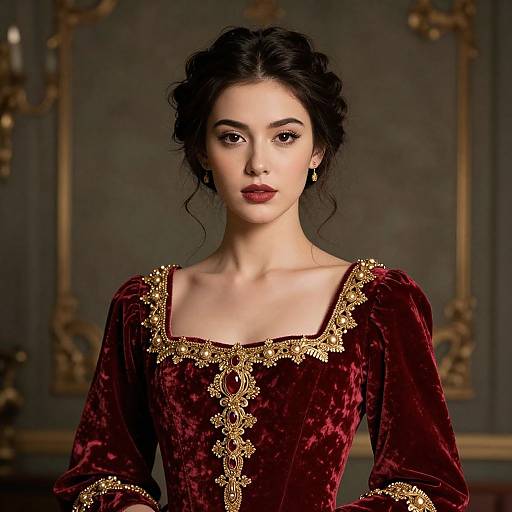 Photograph of a fair-skinned woman with dark, wavy hair, wearing a rich, deep red velvet gown with intricate gold embroidery, standing against