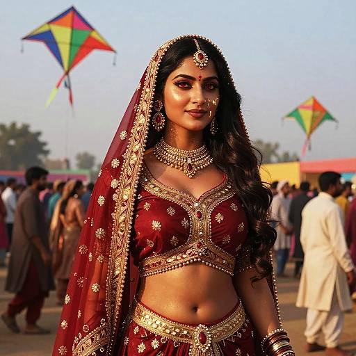 Indian Woman in Red and Gold Sari at Basant Festival