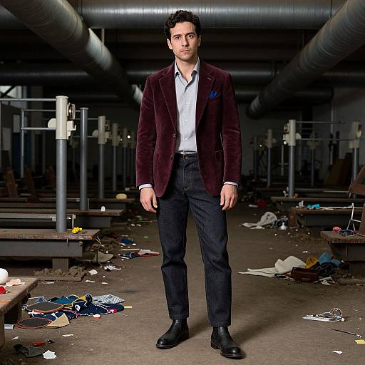 Photograph of a man with short dark hair, wearing a maroon velvet blazer, white shirt, dark jeans, and black boots, standing in