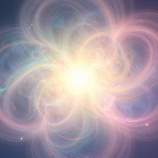 Photograph of a radiant, glowing white sun at the center, surrounded by swirling, pastel pink and blue ethereal rings against a dark blue cosmic