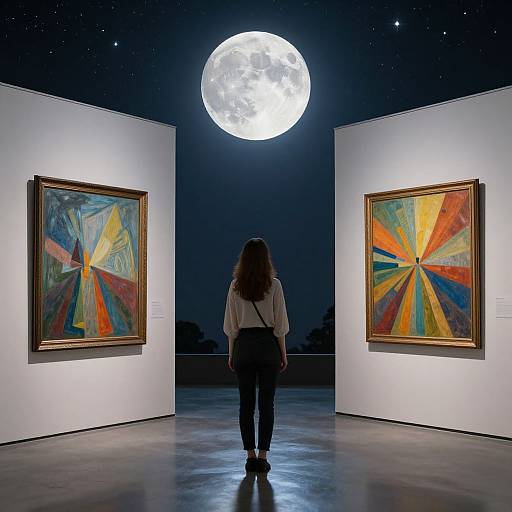 Photograph of a woman with long brown hair, back to camera, standing between two brightly lit abstract paintings, moon glowing above.