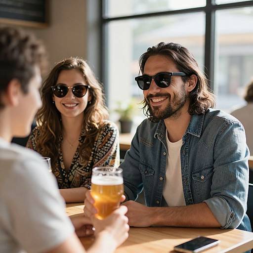 Photograph of three smiling friends at a sunlit café, with a bearded man in a denim shirt and sunglasses holding a beer.