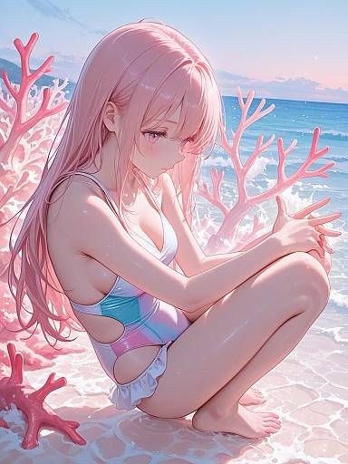 Digital anime-style artwork of a pink-haired girl in a blue one-piece swimsuit, sitting by coral reefs at a sunny beach.