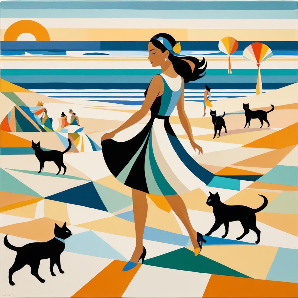 Art Deco Beach Scene with Patchwork Design