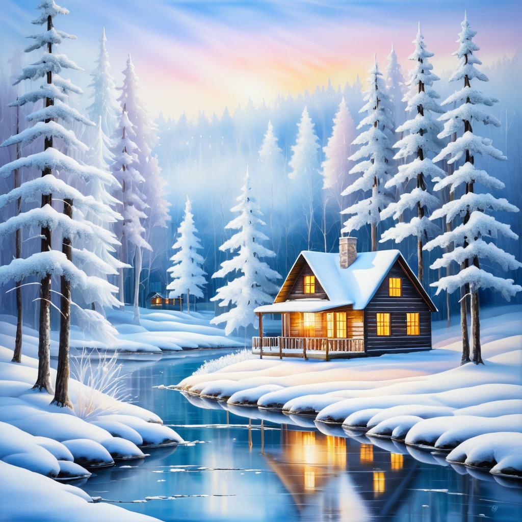 Serene Winter Scene with Cozy Cabin