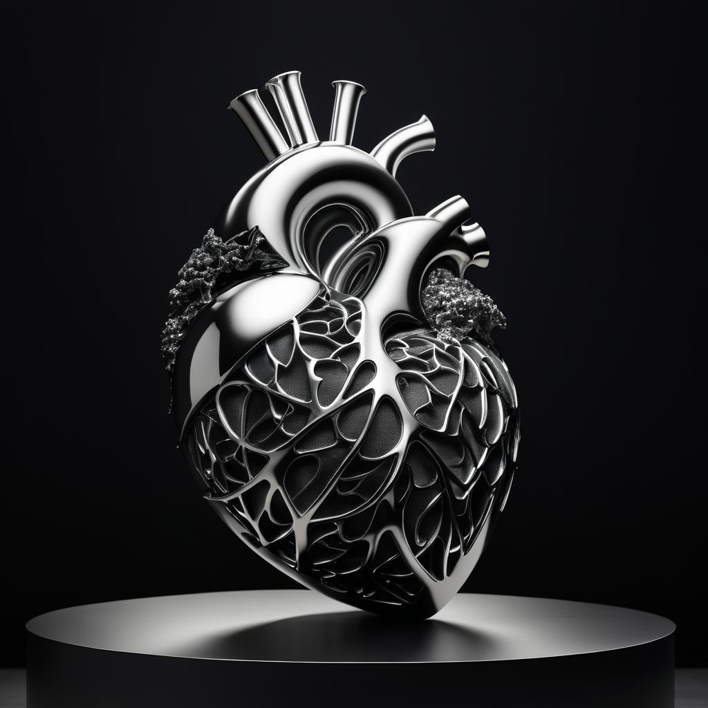 Surreal Silver Heart Sculpture on Fabric