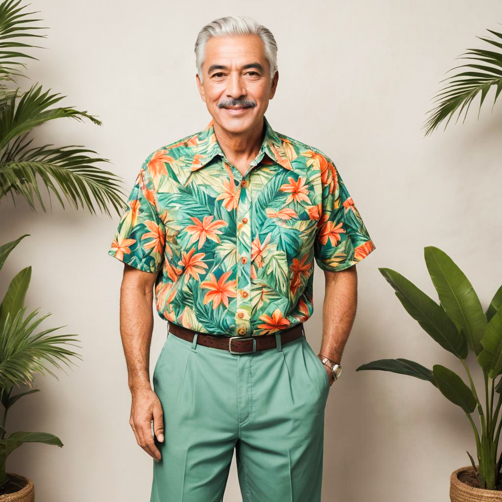 Amused Older Man in Tropical Outfit