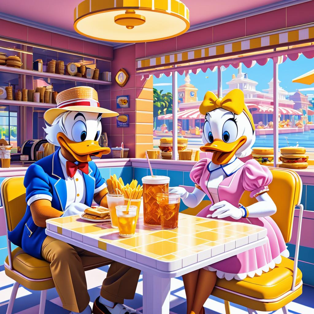 Adult Donald and Daisy Duck at Café