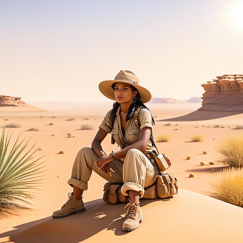 Determined Female Explorer in Desert Landscape