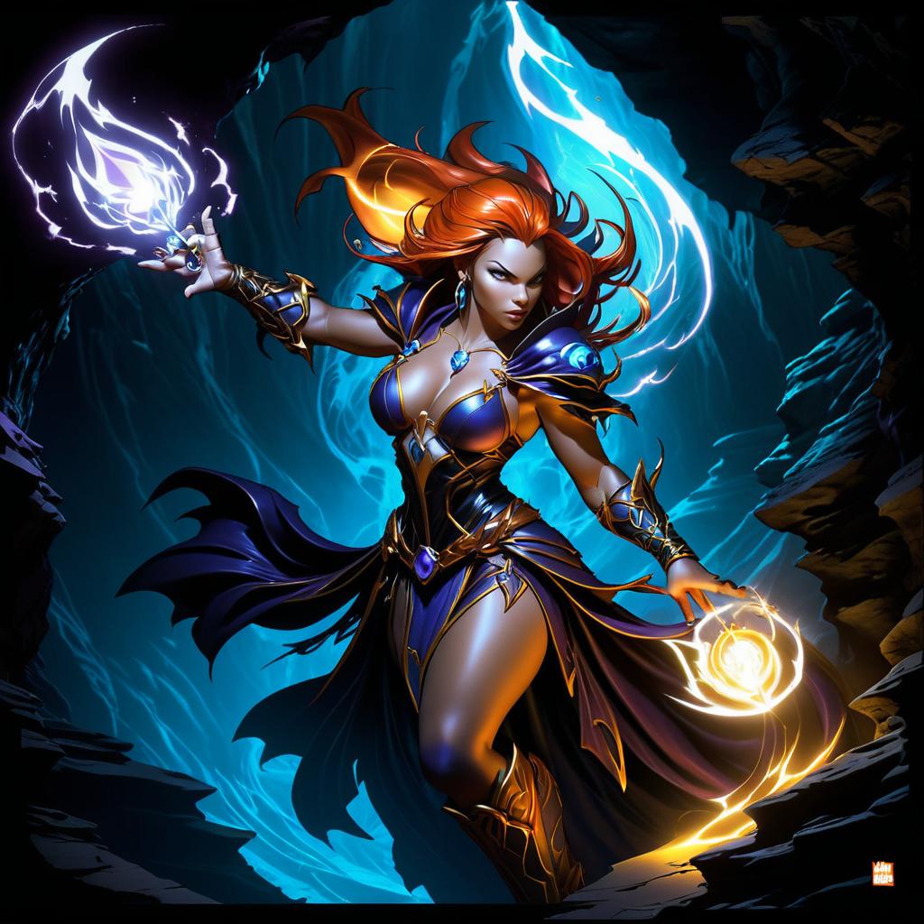 Dramatic Sorceress in Dark Cave