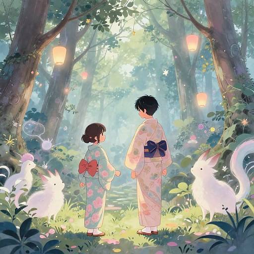 Anime-style illustration of a young couple in floral kimonos, standing in a sunlit forest, surrounded by glowing white fox spirits. Lanterns hang